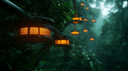 A serene forest scene featuring glowing lanterns hanging from branches, creating magical atmosphere