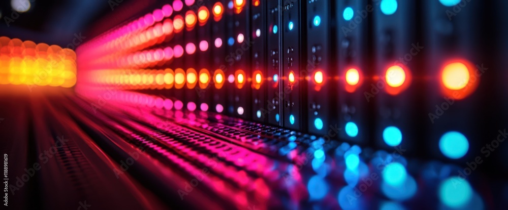 Poster illuminated server rack with colorful lights, close-up view.