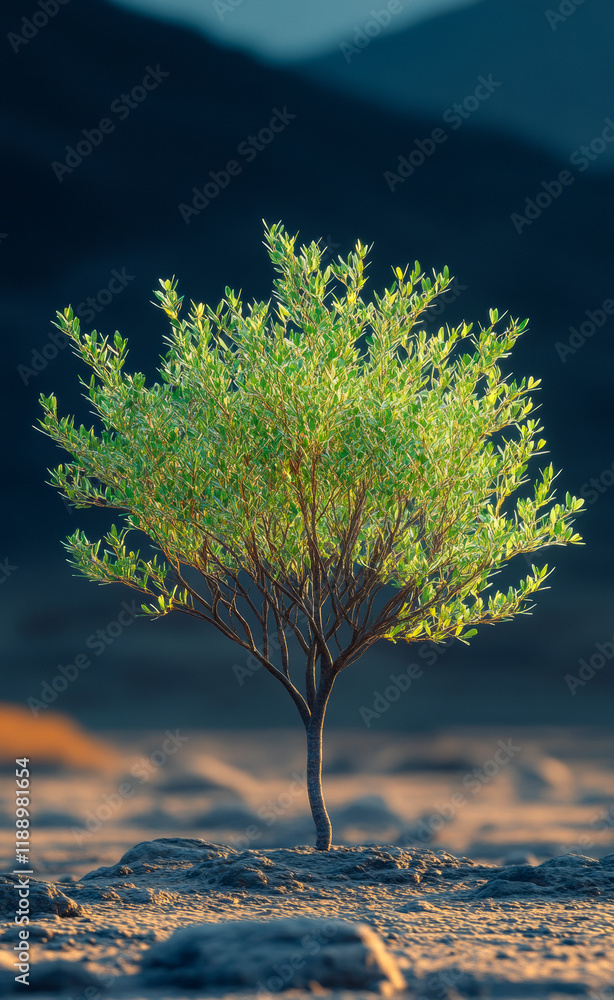 Poster a small tree is standing in a desert. the tree is surrounded by rocks and the sky is in the backgrou