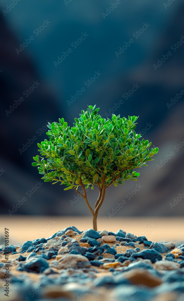 Poster a small tree is growing in the desert. concept of resilience and hope, as the tree is able to thrive