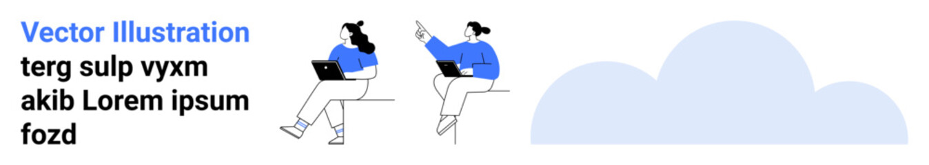 Two characters using laptops, engaging in collaborative remote work. Ideal for teamwork, remote work, cloud computing, tech, office culture, communication, digital workspace. Landing page