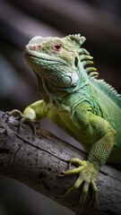 Obraz premium Vibrant green iguana, close-up portrait, scaly texture, piercing eyes, reptile beauty, tree branch perch, blurred background, macro photography, exotic pet, wildlife shot, lizard details, emerald hues