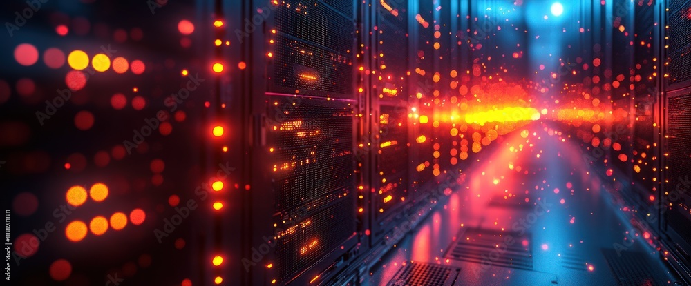 Poster illuminated server room corridor with glowing lights and data streams.