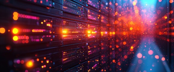 Fototapeta premium Illuminated server rack with glowing lights.