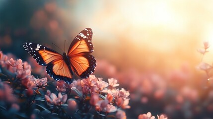 A stunning monarch butterfly rests gracefully on delicate pink flowers in a soft, sunlit natural setting creating a tranquil scene of nature's beauty