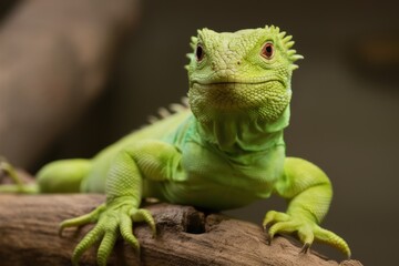 Obraz premium Vibrant green iguana, close-up portrait, scaly texture, piercing eyes, reptile beauty, tree branch perch, blurred background, macro photography, exotic pet, wildlife shot, lizard details, emerald hues