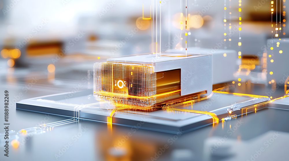 Poster innovative tech breakthrough digital data storage device modern workspace graphic design futuristic 