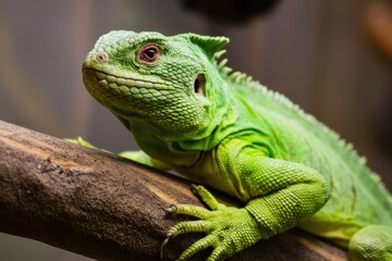 Vibrant green iguana, close-up portrait, scaly texture, piercing eyes, reptile beauty, tree branch perch, blurred background, macro photography, exotic pet, wildlife shot, lizard details, emerald hues