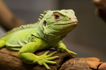 Fototapeta premium Vibrant green iguana, close-up portrait, scaly texture, piercing eyes, reptile beauty, tree branch perch, blurred background, macro photography, exotic pet, wildlife shot, lizard details, emerald hues