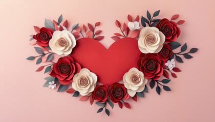 Layered paper cut roses forming heart, romantic floral design, perfect for love