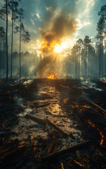 Fototapeta premium A forest fire is burning in the woods, with the sun shining through the smoke. The scene is dark and ominous, with the fire spreading rapidly and the smoke filling the air