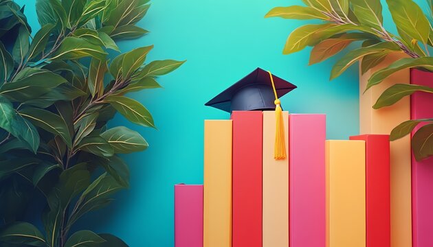 A modern concept of education with a graduation hat placed on colorful study books, clean background, highcontrast details, realistic textures, and copy space, vibrant 4K quality