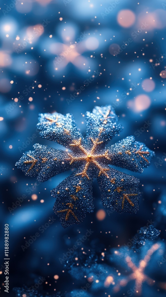 Poster intricate blue snowflake with bokeh background.
