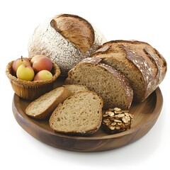 A wooden platter featuring various types of bread and a bowl of small apples.