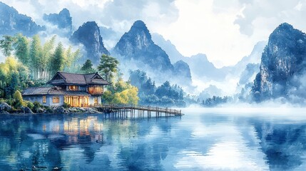 Fototapeta premium Serene lakeside house nestled in misty mountains.