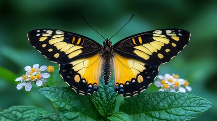 Fototapeta premium Close-up of a beautiful yellow and black butterfly resting on a green leaf with small white flowers around it