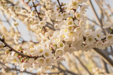 Cherry blossom macro, delicate white and pink petals, soft focus, shallow depth of field, spring blossoms, tree branches, nature photography, soft lighting, bokeh background, dreamy atmosphere, pastel