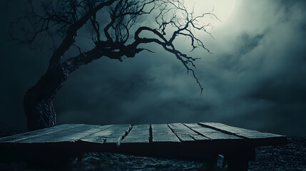 An old wooden table set against the silhouette of a dead tree at night, designed for a Halloween theme.