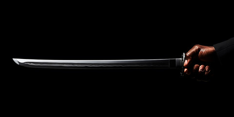 Fototapeta premium A hand gripping a katana, a long, curved Japanese sword, against a stark black background. The image emphasizes the weapon's sharpness and the intensity of the grip.