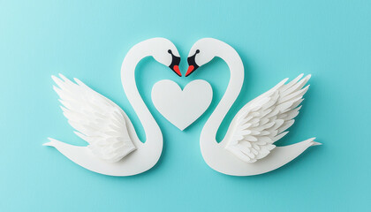 Obraz premium White swan couple forming heart, symbolizing love and unity, on blue background