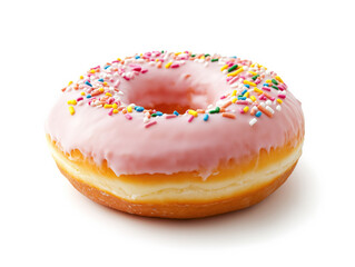 Close up of a freshly glazed donut topped with pink icing and vibrant rainbow sprinkles on a white background