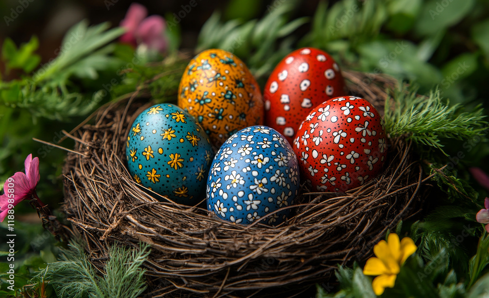 Poster a nest of eggs with different colors and designs. the eggs are arranged in a row and are surrounded 