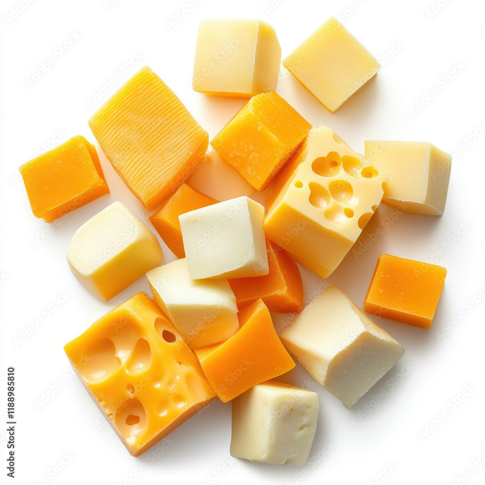 Poster assorted cheese cubes and slices in various shapes and colors create delightful display