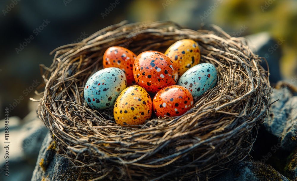 Poster a nest of eggs with a mix of colors and spots. the eggs are in a basket and are surrounded by twigs