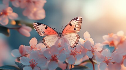 Obraz premium Delicate butterfly with apricot and white wings perched on soft white blossoms