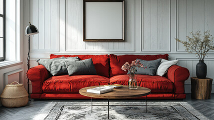 Red Velvet Sofa in Modern Living Room: A stylish red velvet sofa takes center stage in a sunlit modern living room, complemented by a wooden coffee table, patterned rug, and minimalist decor.