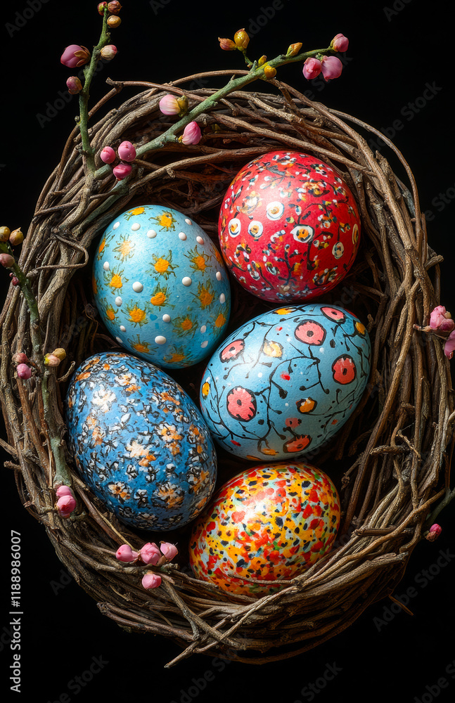 Poster a basket of painted eggs with a black background. the eggs are in different colors and patterns, and