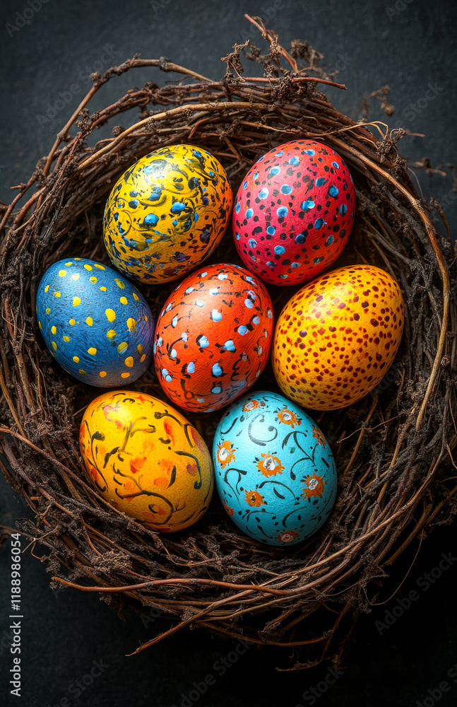 Poster a basket of painted eggs with a variety of colors and patterns. the basket is placed on a table or a
