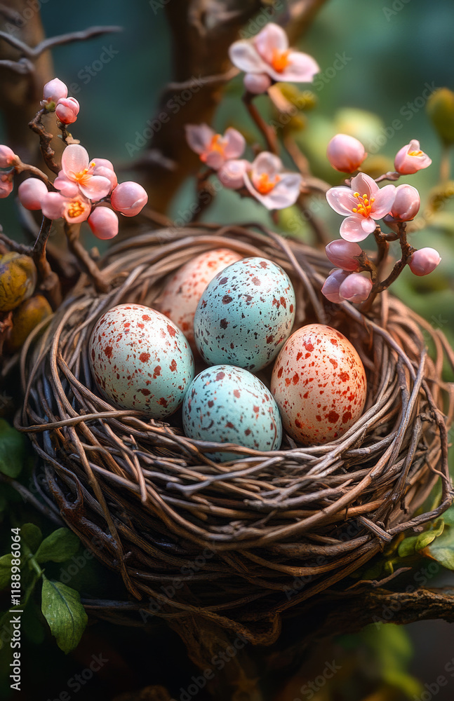 Poster a nest of four eggs with a pink and white flower in the background. the nest is made of twigs and is