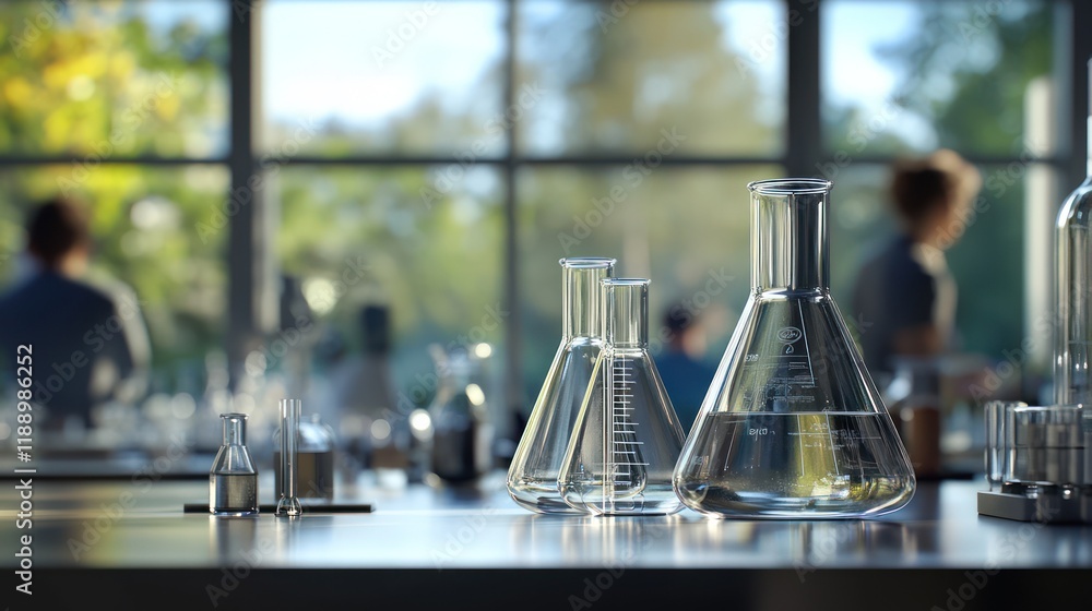 Poster laboratory glassware on a table with scientists working in the background.