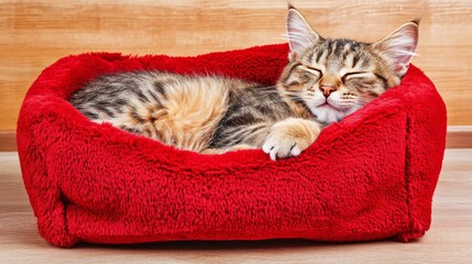 Adorable Kitten Sleeping in Red Fuzzy Bed