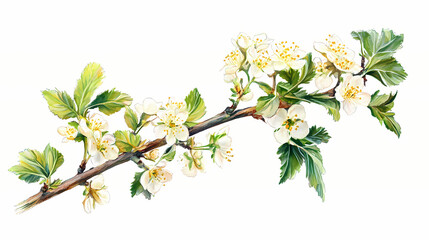 Obraz premium Branch of hawthorn with flowers isolated on white background macro. Thornpath. Illustration