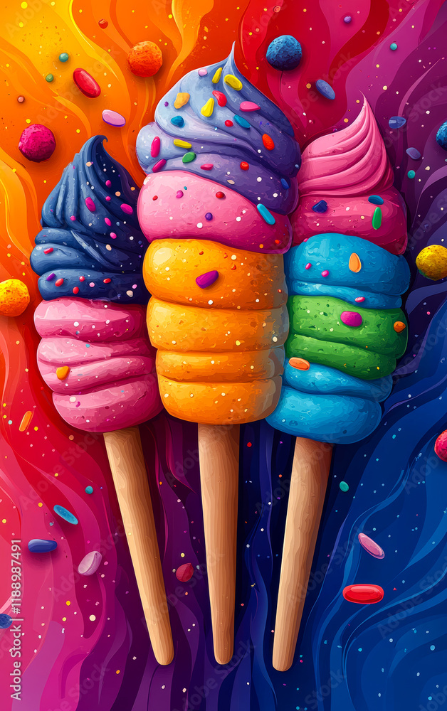 Poster three colorful ice cream cones with sprinkles on top. the cones are painted in bright colors and are
