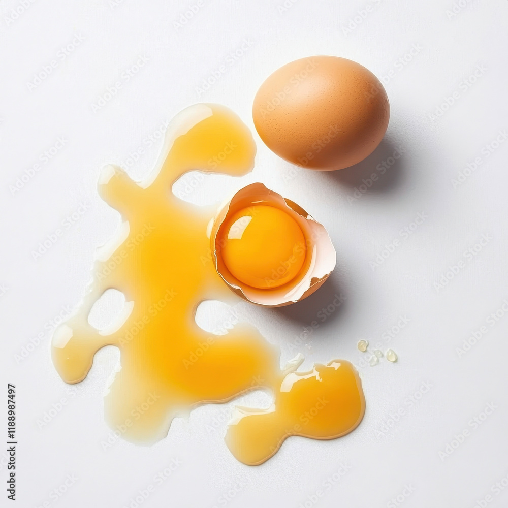 Poster fresh egg with yolk and shell on smooth white surface, creating vibrant scene