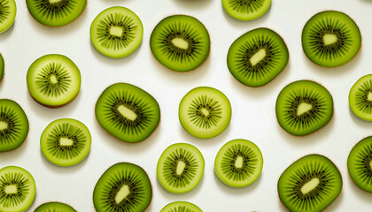 Fototapeta premium Vibrant green kiwi slices arranged harmoniously on a bright white backdrop inviting freshness and vitality