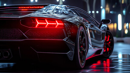 Naklejka premium A black car with red lights on the back. The car is parked in a city at night
