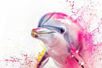 Fototapeta premium A cute dolphin, aquarelle painting, pastel colours, splashes, on white background