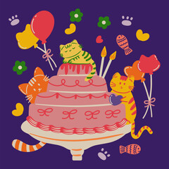 Cute Cat-Themed Birthday Card – Adorable Pink Cake and Three Playful Kittens