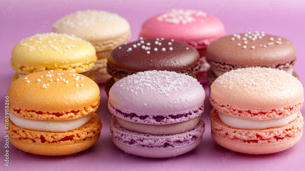 Poster a row of six different colored macarons are arranged on a purple background. the macarons are of var
