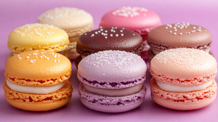 Fototapeta premium A row of six different colored macarons are arranged on a purple background. The macarons are of various flavors and colors, including orange, pink, and brown. Concept of variety and diversity