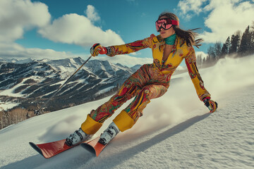 high fashion editorial photography of a model wearing couture jewel toned ski clothes and skiing down the slope of a picturesque mountain