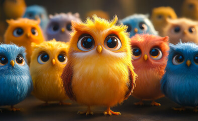 Fototapeta premium A group of stuffed owls are standing in a row, with one of them being yellow. Concept of warmth and coziness, as the stuffed animals are arranged in a friendly and welcoming manner