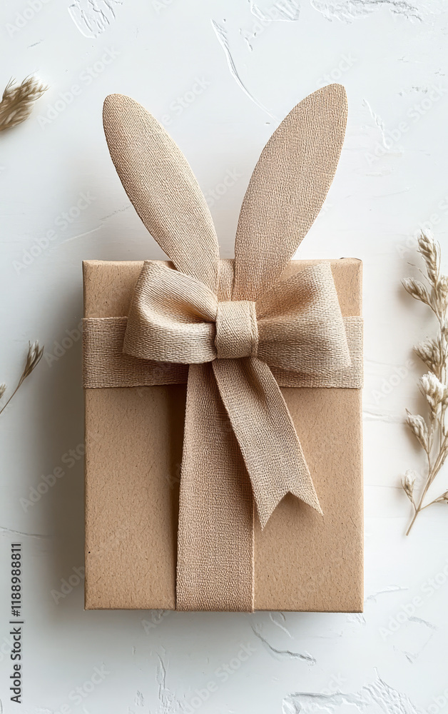 Poster a brown box with a rabbit bow on top of it. the rabbit is made of paper and is sitting on top of the