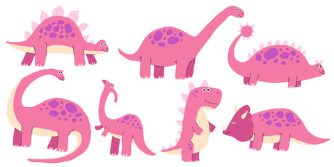 Pink Dinosaur cute set. Dino prehistoric animals like pterosaur and stegosaurus, brachiosaurus and pterosaur. Flat isolated illustration.