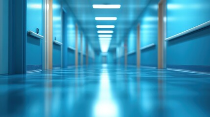 Long, empty hospital corridor with blue walls, doors, and shiny floor.