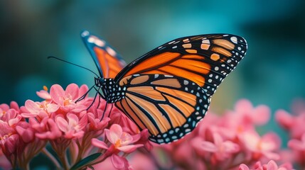 Fototapeta premium A majestic monarch butterfly, with vibrant orange and black wings, delicately perched on a cluster of pink flowers, enjoying its day in nature